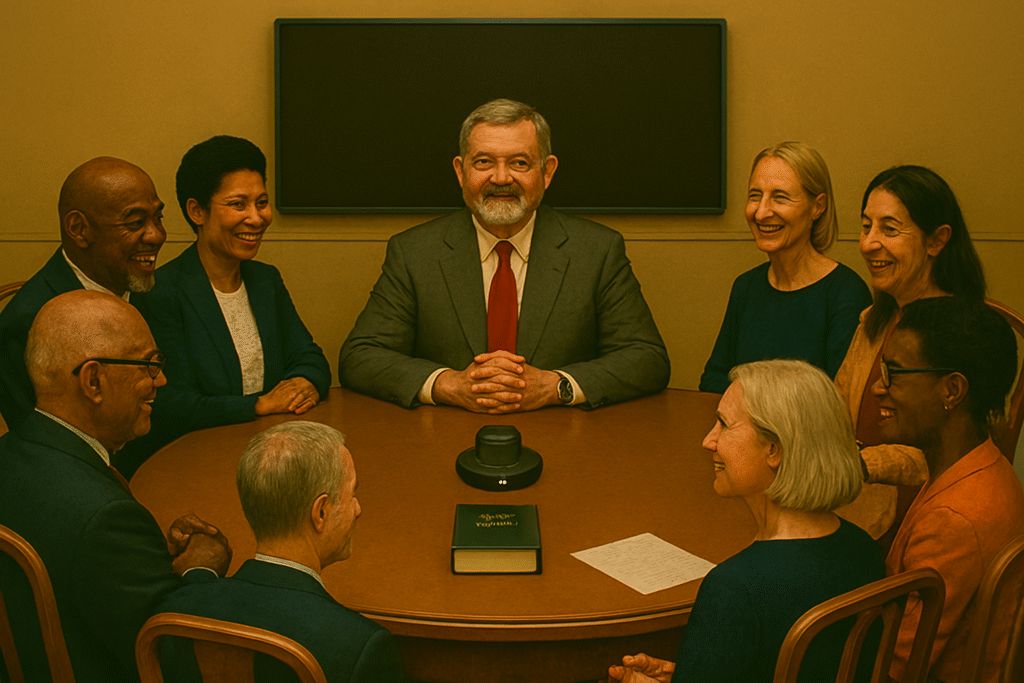 An image depicting the future Baha'i World Court. Includes nine dignified members—men and women of varied ethnicities and global origins