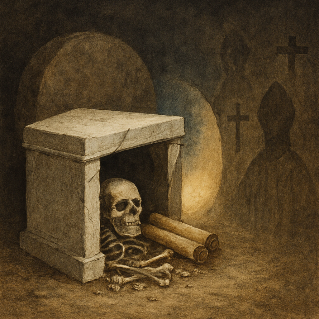 Illustration of a cracked whitewashed tomb revealing bones and scrolls labeled “man-made dogma,” with a glowing stone rolled away from the entrance. Fading symbols of clergy—miters, crosses, and robes—dissolve into dust. The light from the tomb symbolizes the restoration of Christ’s true title and the resurrection of His Gospel, as interpreted through Bahá’í teachings.