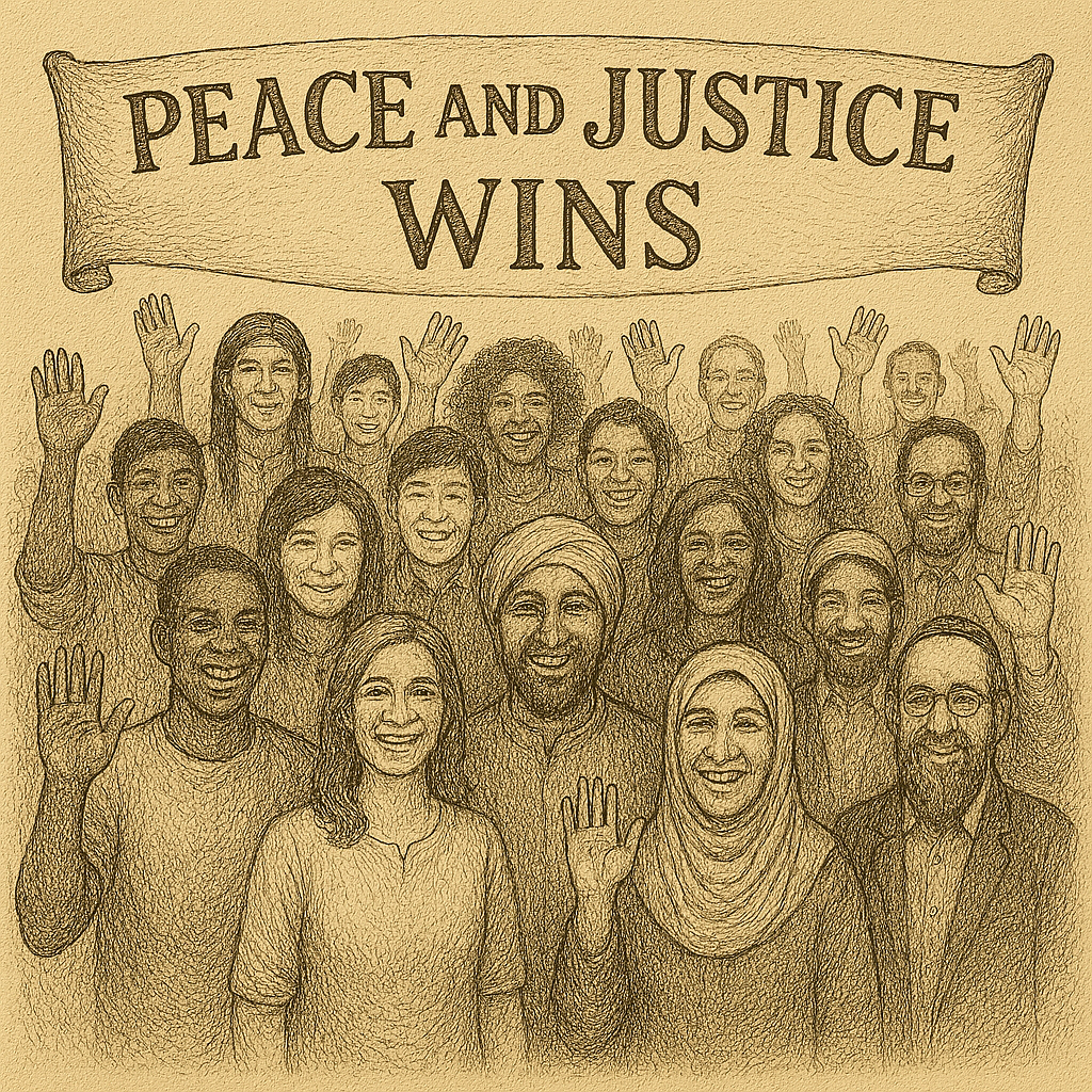 image of a culturally diverse crowd celebrating peace and justice