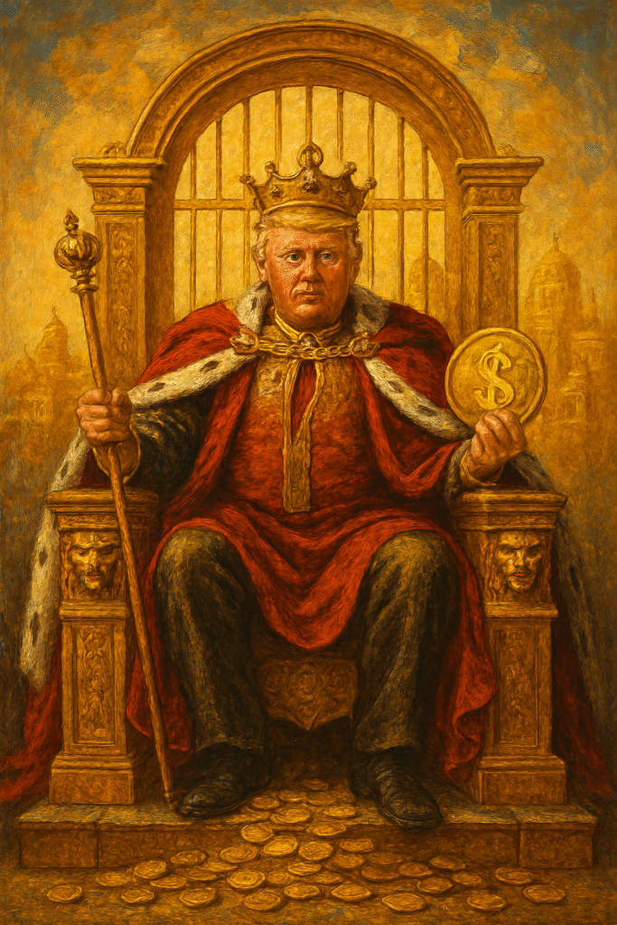 Image of the throne of transaction depicting Trump on a throne with holding a gold coin from his new branded digital currency scheme in one hand and the Scepter of power in the other hand