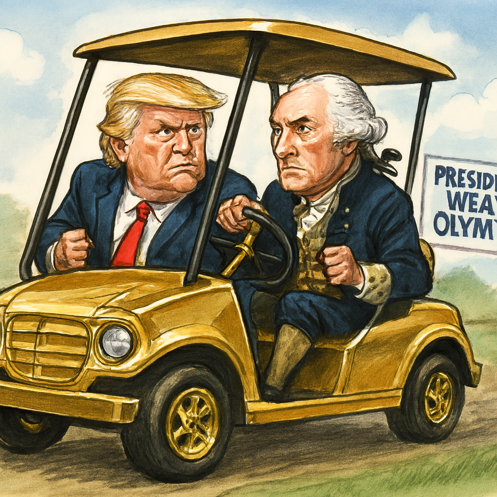 cartoon of the presidential wealth olympics, depicting donald trump debating economic virtues with george washington, while heading to the clubhouse in a golden golf cart.
