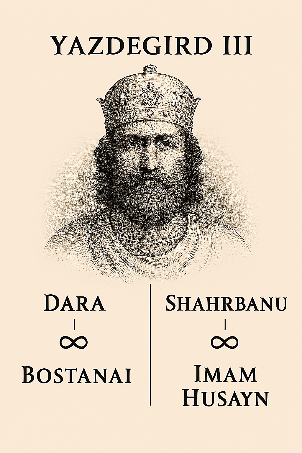 image of King Yazdegird III and his twin daughters Dara, who married Bostanai, and Shahrbanu, who married the Imam Husayn
