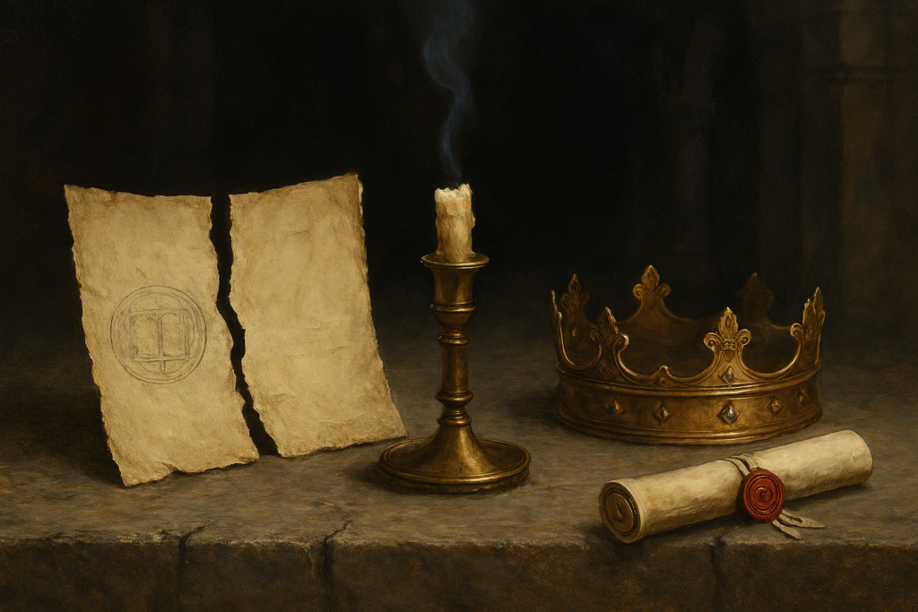 torn will and testament, beside an extinguished candle and a discarded throne, as well as an intact scroll of the covenant