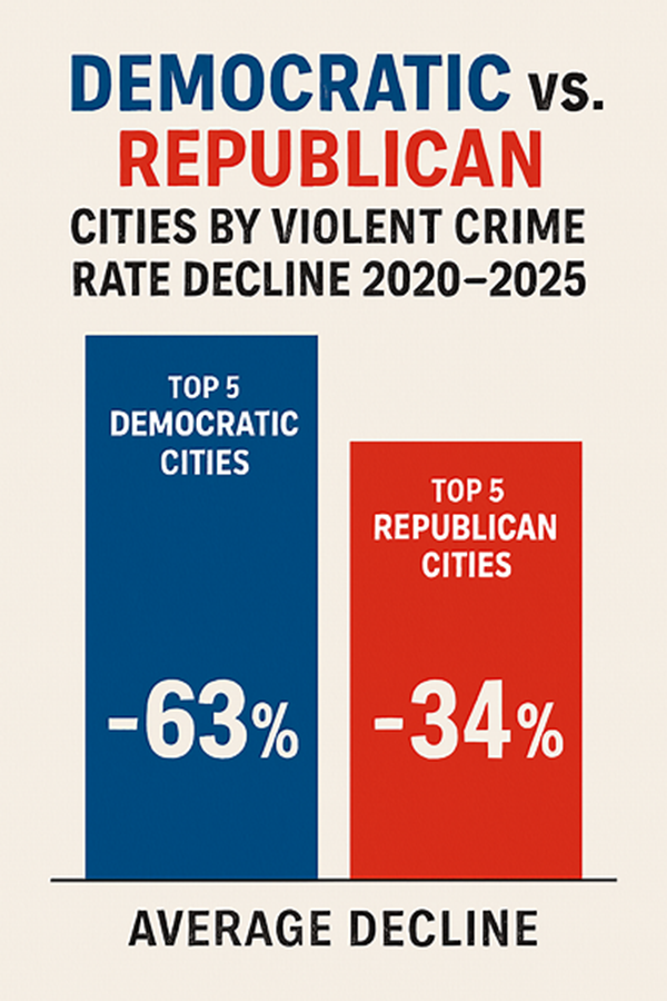 infographic comparing 5-year violent crime decline rates in the top 5 democratic cities vs the top 5 republican cities