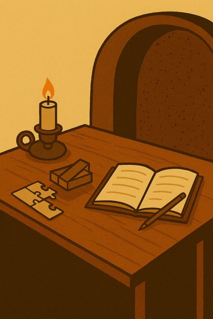 image of a desk in a fallout shelter with a journal on it.