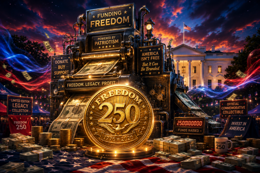 hero image depiction the freedom 250 grifter in chief theme
