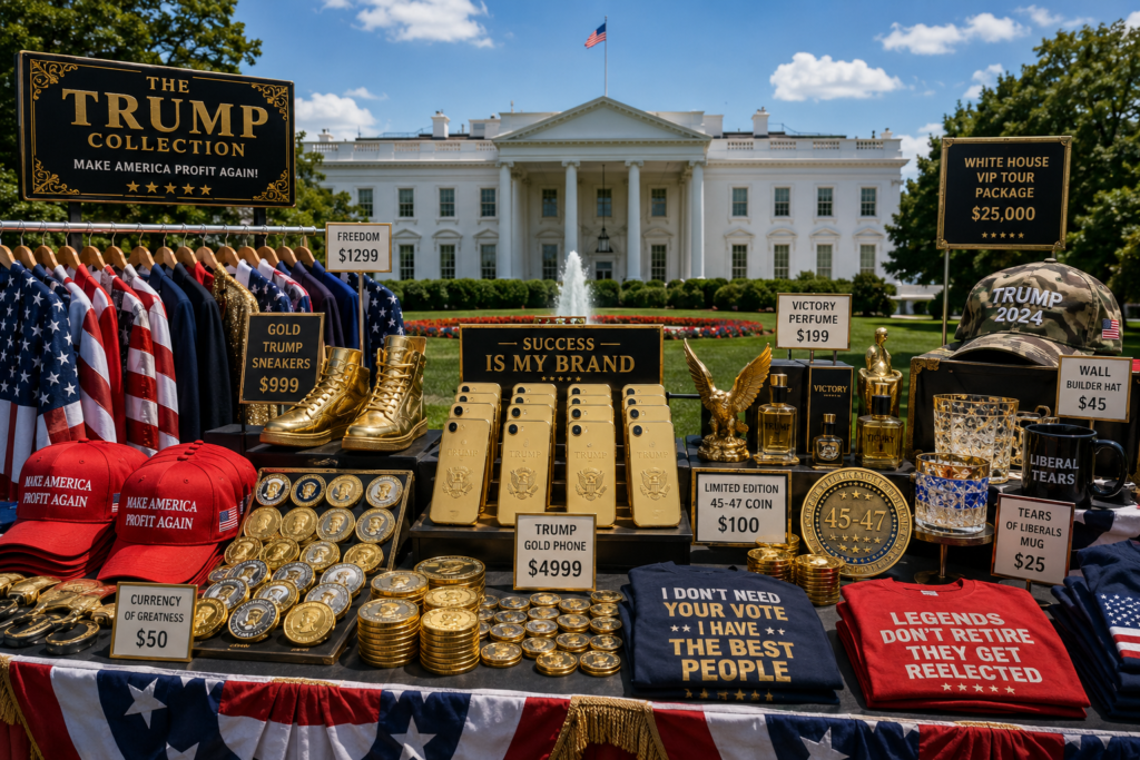 image of the white house converted to a trump merch table.