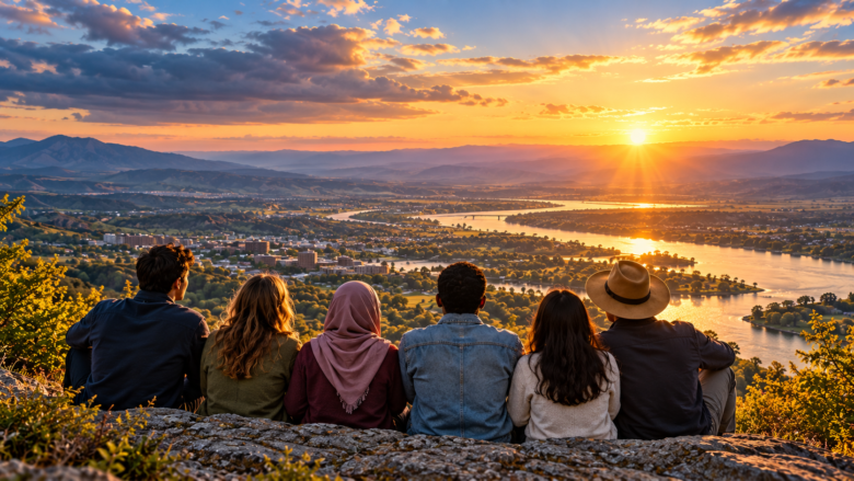 image of friends gathereing for a sunset and giving thanks war has not yet reached their homes.